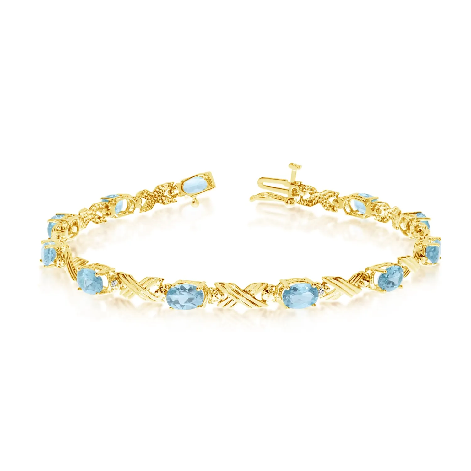 10K Yellow Gold Oval Aquamarine Stones And Diamonds Tennis Bracelet, 7"