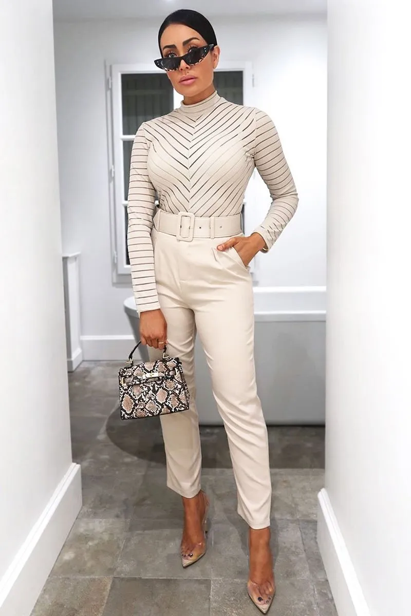 Beige Ribbed Mesh Panel Long Sleeve Bodysuit - Amira