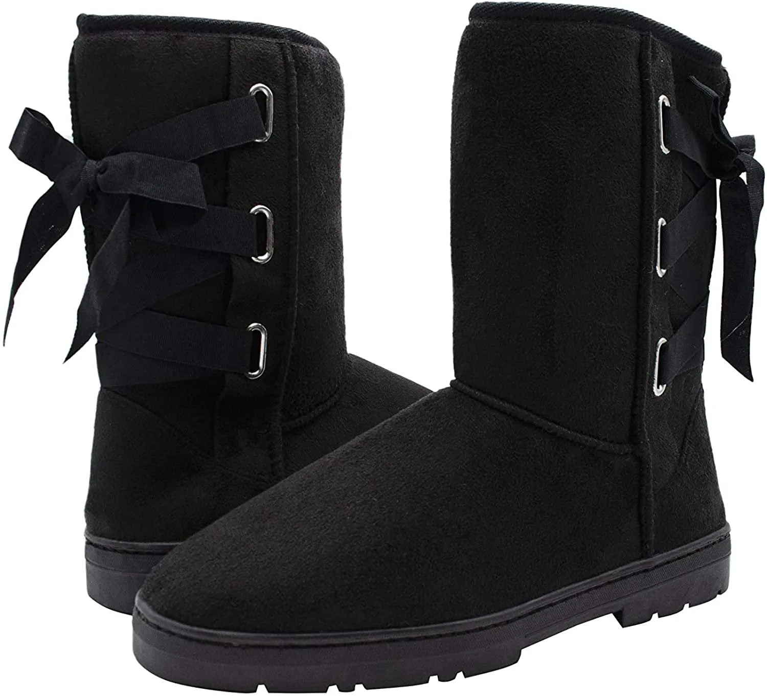 kensie Womens Slip On Mid High 9" Microsuede Winter Boots with Lace Up Grosgrain Ribbon