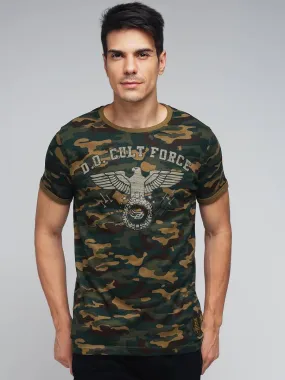 Men Multicoloured Cotton Half Sleeves Camo Printed Round Neck Tees