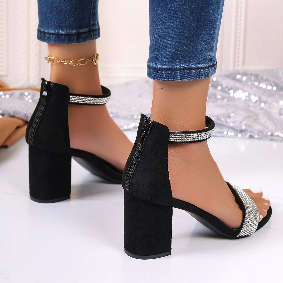 Rhinestone High Heel Sandals Summer Chunky Square Heel Sandals