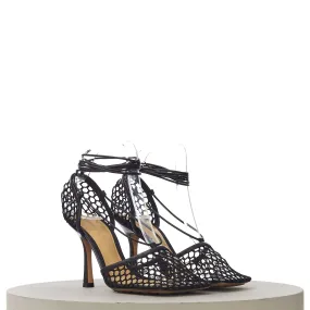 Stretch Lace-Up Sandals In Black Leather & Mesh