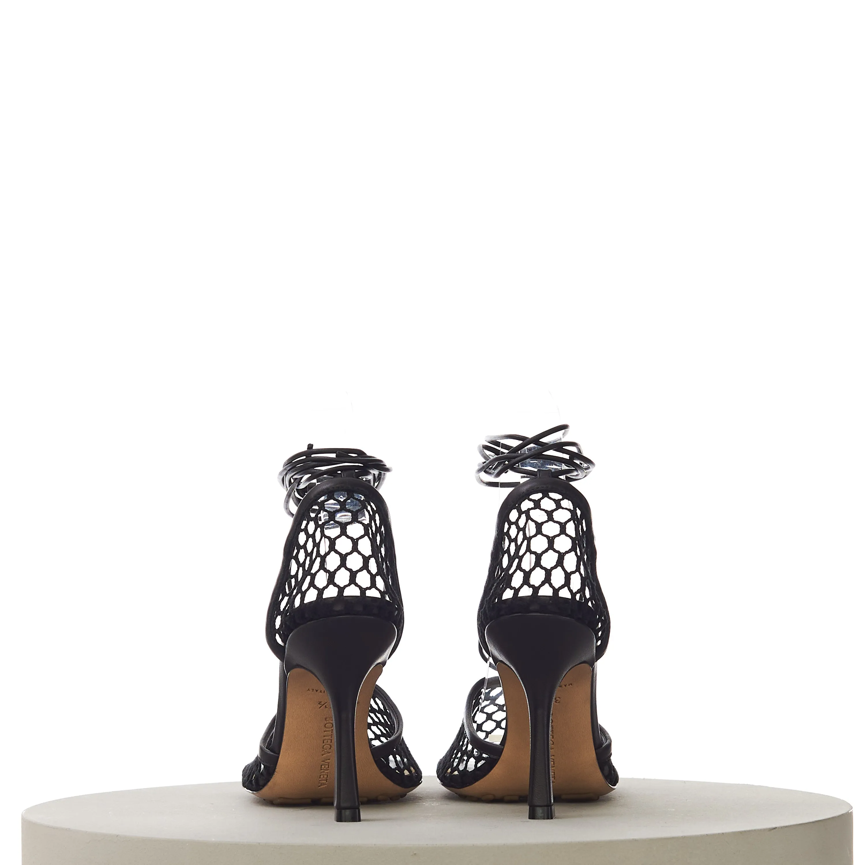 Stretch Lace-Up Sandals In Black Leather & Mesh