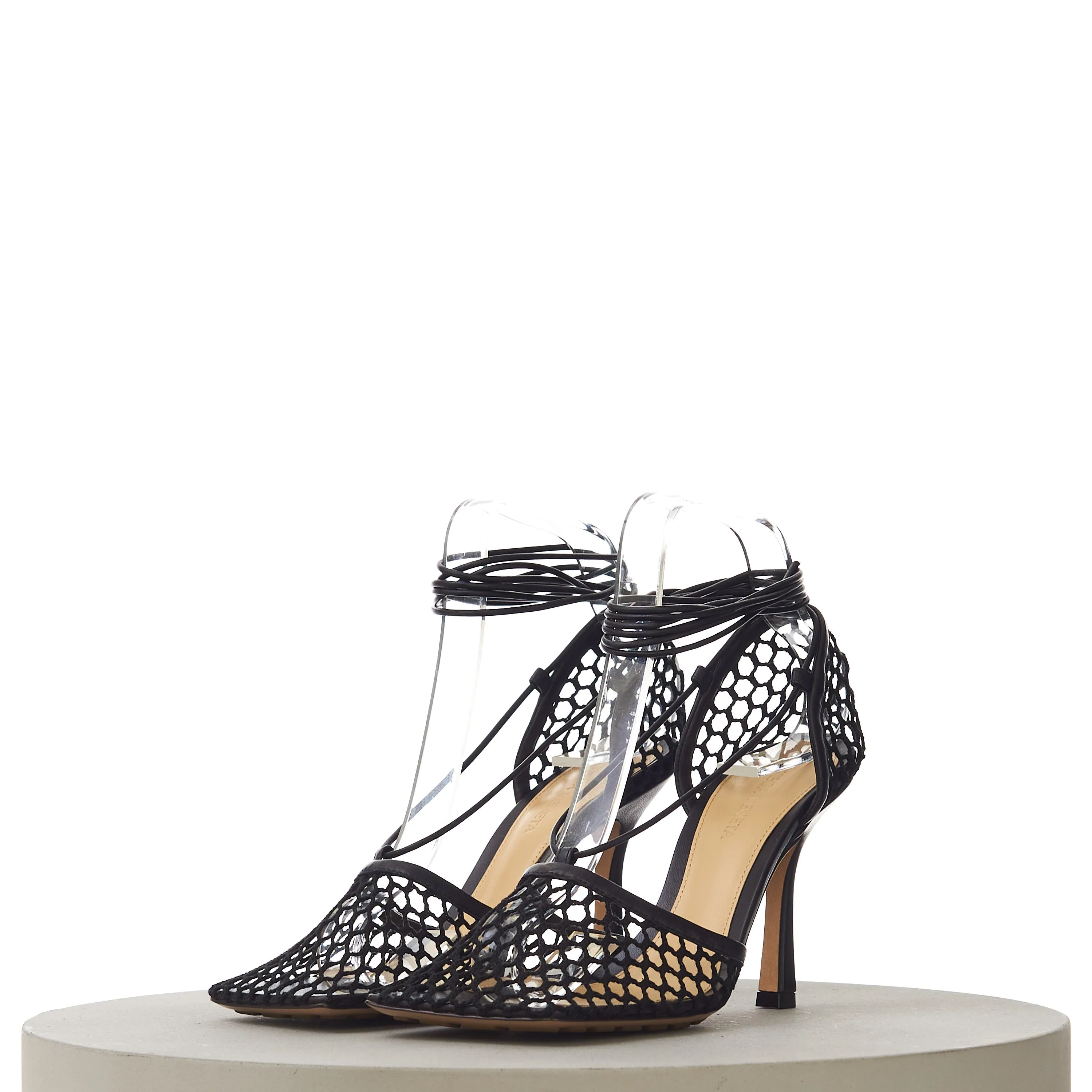 Stretch Lace-Up Sandals In Black Leather & Mesh